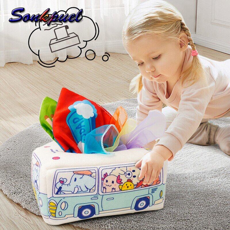 Sonkpuel Baby Montessori Boxes Baby Toys Infant Pull Along Magic Tissue