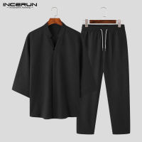 INCERUN Mens 3/4 Sleeve Loungwear Suit V-Neck T Shirt Long Pants Kung Fu Casual Suit Sets (Cotton Linen) #3