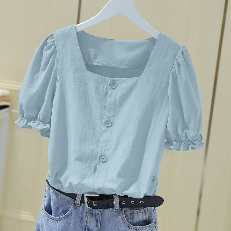 Áo Sơ Mi Tay Ngắn Pháp Cổ Vuông, Áo Crop Top Nữ Màu Trơn Áo Cánh Mùa Hè Áo Nữ Tay Phồng Rộng 2021