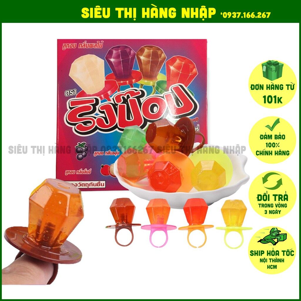 Hộp 24 kẹo nhẫn kim cương Ringpop Thái Lan 4 vị dâu, nho, vải & cola, kẹo mút cho bé vừa ăn vừa chơi, lollipop