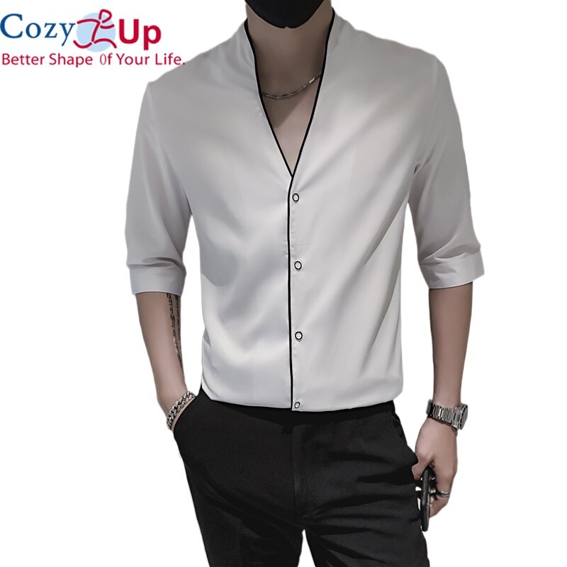 Cozy Up Men Shirt V-neck Solid Color Polyester Fiber Buttons Slim and Handsome