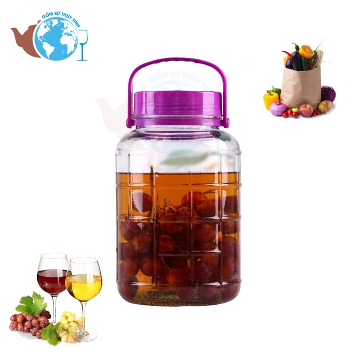 Bình ngâm rượu thủy tinh 20 lít có quai xách nắp tím - bình lớn - KHÔNG VAN