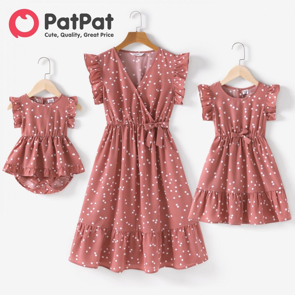 PatPat Family Matching Outfits Váy Tay Bồng Nhún Bèo Cổ Chữ V Quấn Chéo