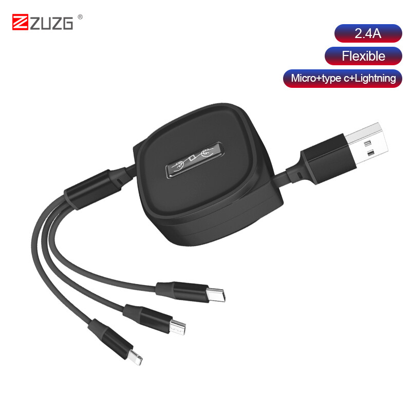 ZUZG Cáp Sạc Nhanh 3 Trong 1 2.4A Có Thể Thu Vào, Cáp Điện Thoại Đa Năng Lightning & Type C & Micro USB Điện Thoại Di Động Cho iPhone Huawei Samsung Oppo Xiaomi Vivo