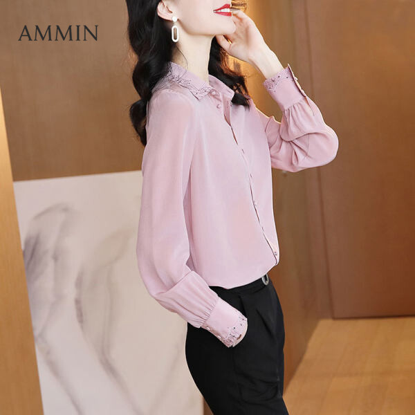 Áo Áo Blouse Lụa AMMIN Thời Trang Màu Hồng Cho Phụ Nữ Dài Tay Áo Thời Trang Mới Ren Áo Blouse Thêu Lady Lụa Màu Sắc Trang Nhã Áo Blouse Lụa