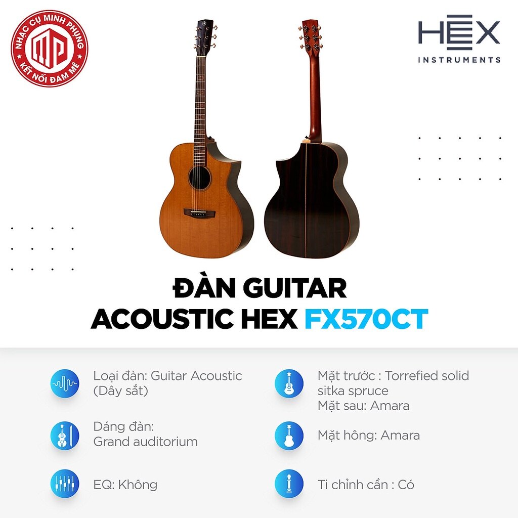 Trọn Bộ Đàn Guitar Acoustic Hex FX570CT - Hàng chính hãng (Đàn, Bao đàn, Tuner, Dây đàn)