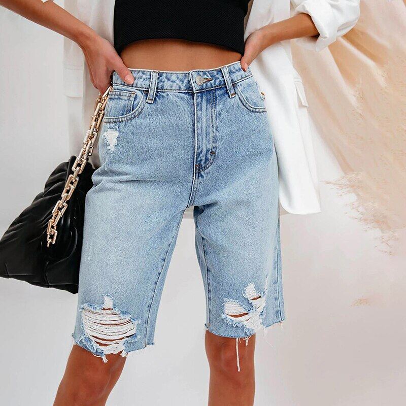 2023 New Cycling Denim Shorts Woman Fashion High Waist Hole Five-Point Shorts Washed Summer Thin Short Jeans