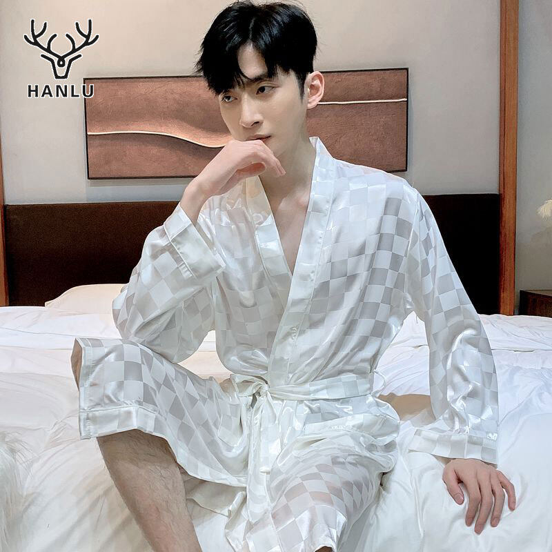 Hanlu Người đàn ông mặc quần áo Áo Bộ đồ ngủ sợi vitcô dài tay áo choàng tắm lụa loungewear phong cách LooseFitting đồ ngủ