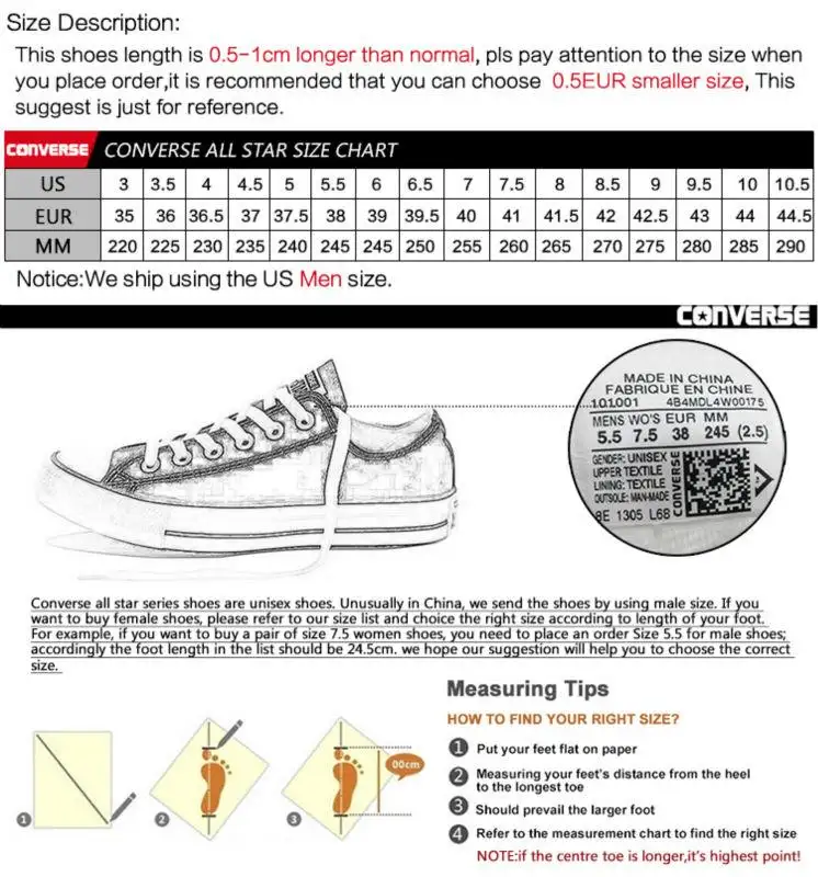 unisex converse shoe size chart