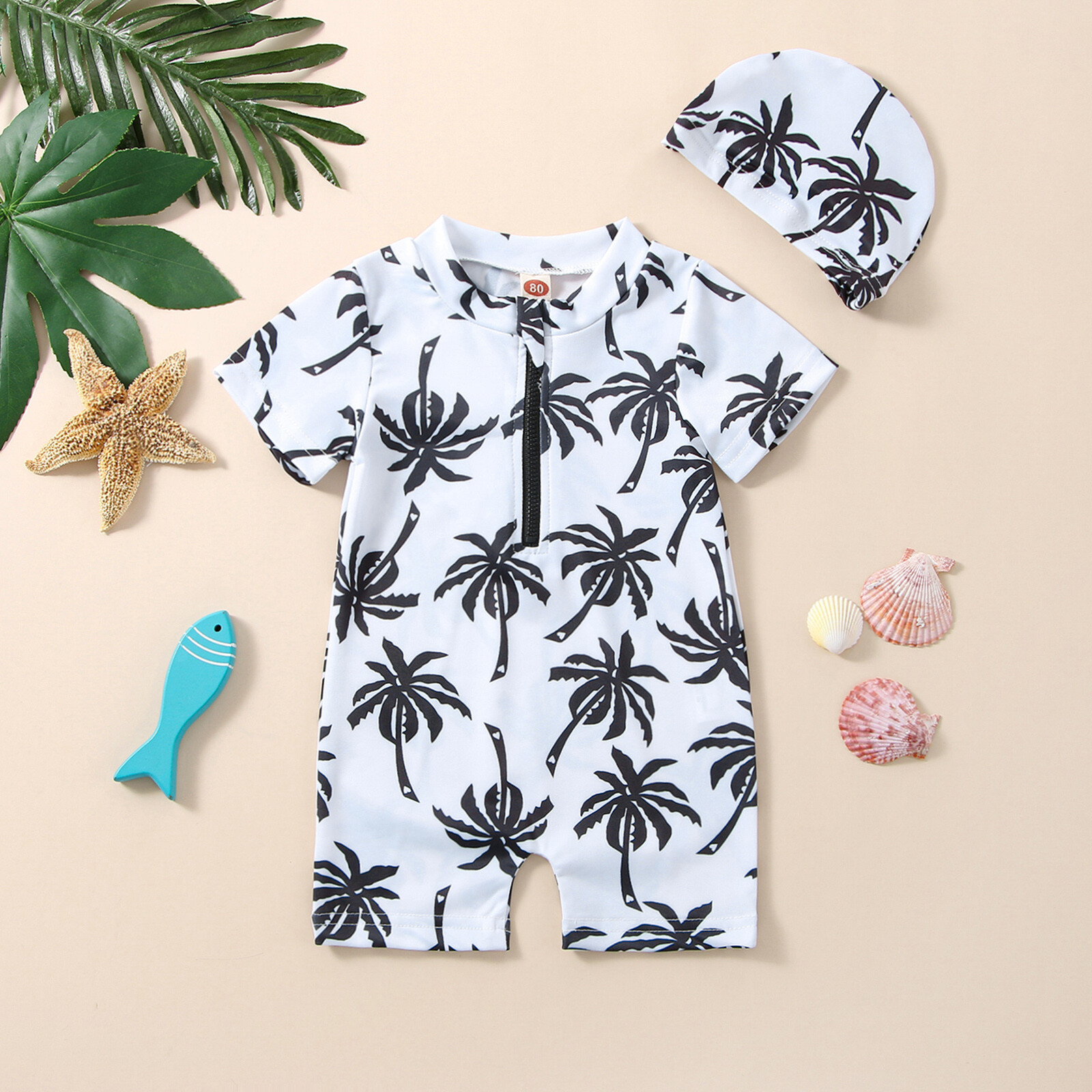 seawood 0-18M Baby Boy Swimsuit with Hat, Cartoon Tree Print Short Sleeve Round Neck Half Zipper Jumpsuit Bathing Suit