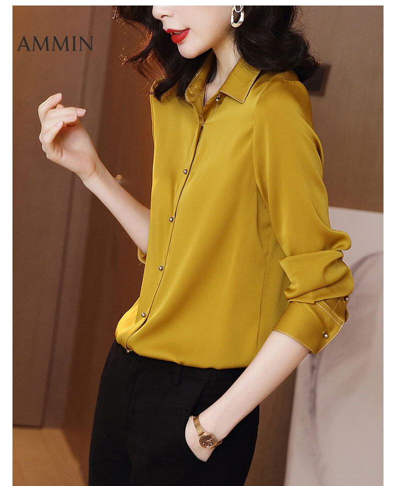 Áo Sơ Mi Lụa Dày AMMIN Cho Nữ Mới, Áo Tay Áo Dài Thường Ngày Thời Trang Màu Vàng Vải Satin Thời Trang Lụa Dâu Tằm