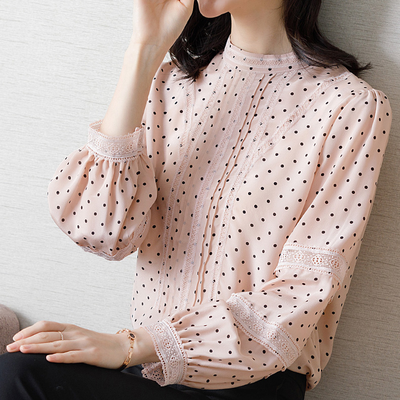 Áo Sơ Mi Lụa Chấm Bi AMMIN Cho Nữ Mới In Thời Trang Áo Tay Dài Lady Stand-Up Cổ Áo Lụa Dâu Tằm