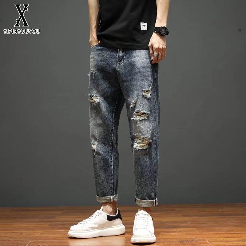 YIPINYOUYOUQuần jean rách nam Quần cắt xén denim phong cách đường phố Quần harlan ngoại cỡ rộng