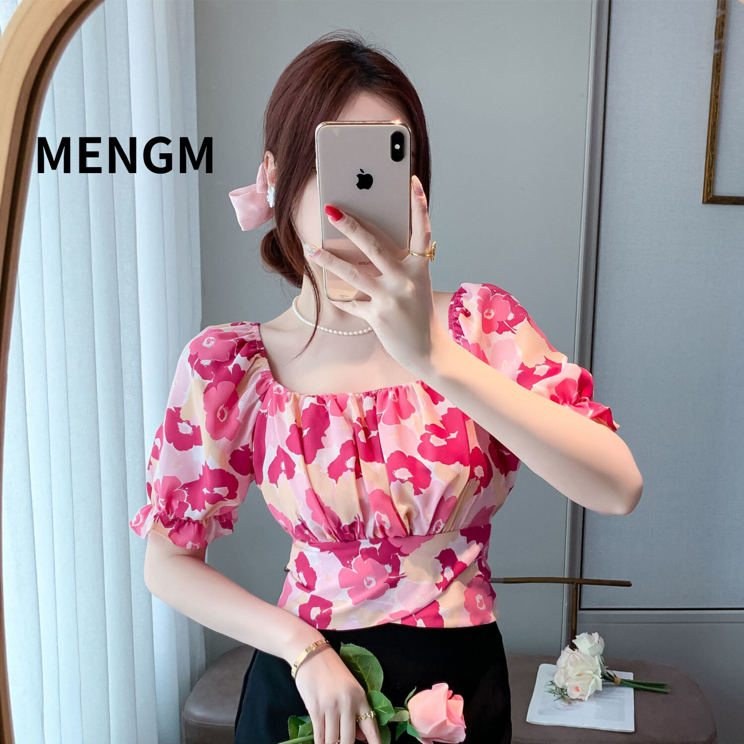 Áo sơ mi hoa tay phồng áo hở lưng hở lưng có dây thời trang gợi cảm cổ vuông