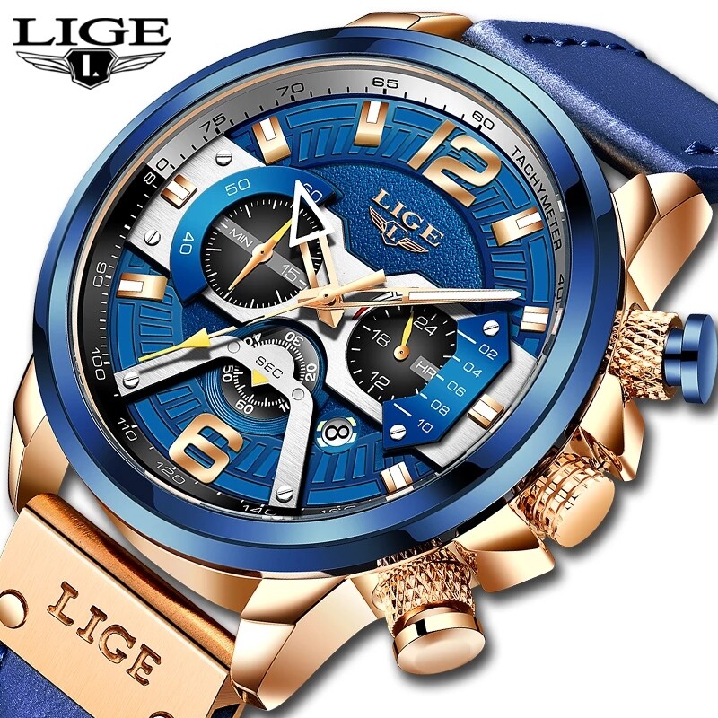 LIGE Đồng Hồ Nam chống nước thể thao Chronograph da sang trọng thời trang dành cho nam giới ngày Đồng hồ thạch anh  + Hộp