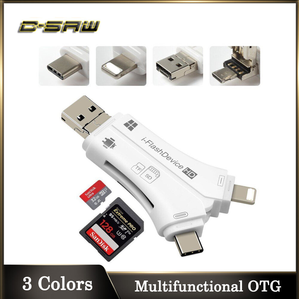 C-SAW Chuyển Đổi Đa Năng 4 Trong 1, Đầu Đọc Thẻ Nhớ USB OTG Cho iPad iPhone 12 11 Pro XS MAX XR X 7 8 Plus 6 6S IOS 13 IOS OTG
