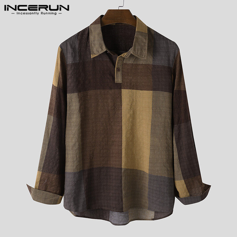 Medussa INCERUN Của Nam Giới Chính Thức Áo Sơ Mi Dài Tay Áo Henley Áo Kẻ Sọc Kiểm Tra Top Áo T Shirt Tee