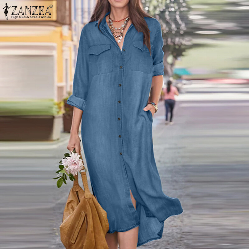 Zanzea đầm dài tay cho nữ cổ bẻ vải denim áo sơ mi cổ áo cài khuy #15 đầm midi