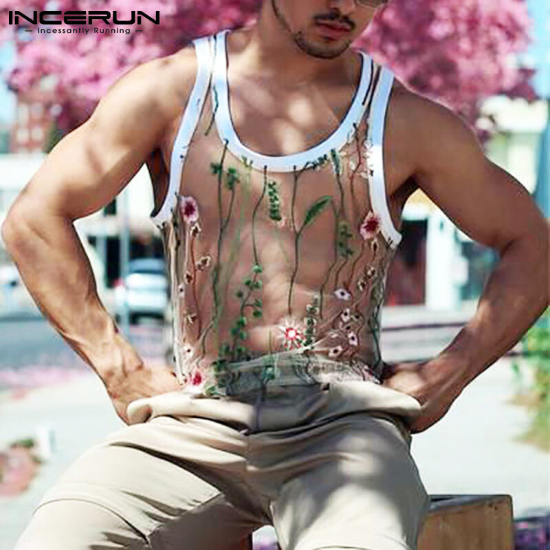 (Phong Cách Phương Tây) INCERUN Áo Lưới Nam Áo Đi Biển Cơ Bắp Bó Hoa Áo Thun Xuyên Thấu Áo Ba Lỗ