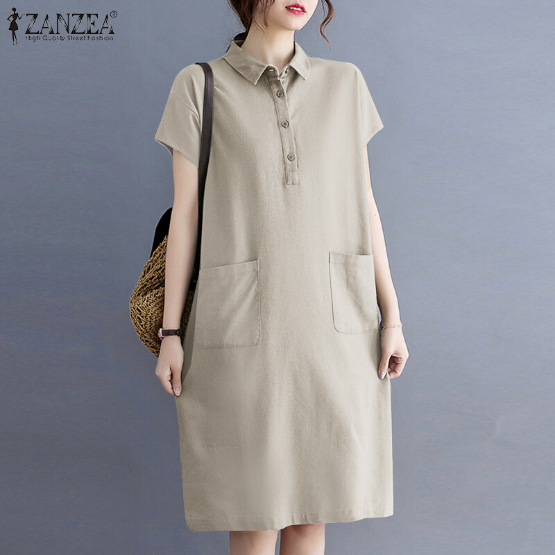 ZANZEA Đầm Sơ Mi Mini Dài Đến Đầu Gối Dáng Rộng Cài Khuy Có Cổ Tay Ngắn Cho Nữ