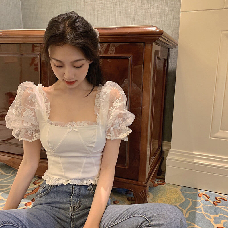 Thiết Kế Thời Trang Missliu Tay Phồng Cổ Vuông Phong Cách Pháp, Áo Mùa Hè Cho Nữ Quần Áo Nữ Ngắn Tay Phối Ren Hoàn Toàn Mới