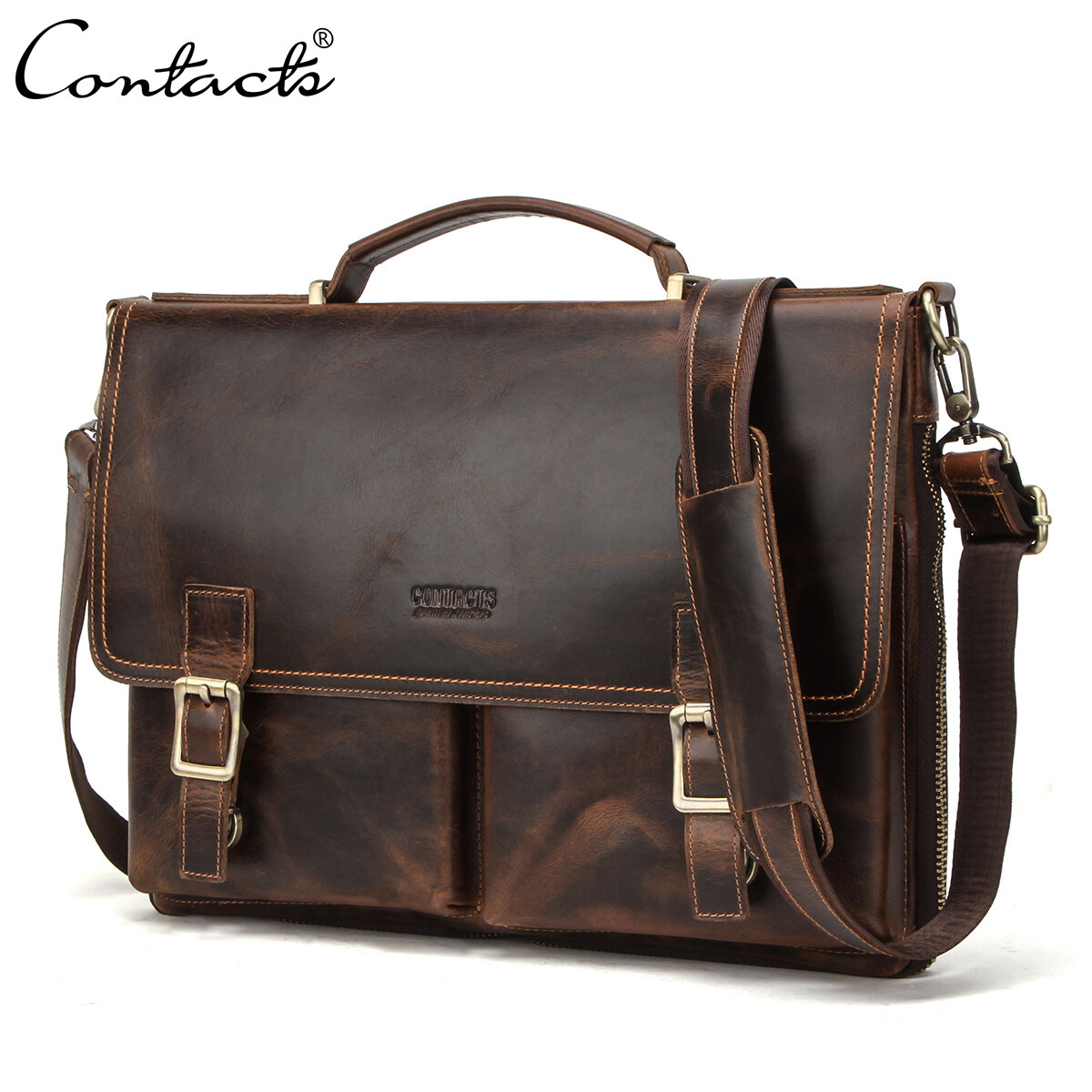 CONTACT S Men Briefcase Bag Crazy Horse Leather Shoulder Messenger Bags
