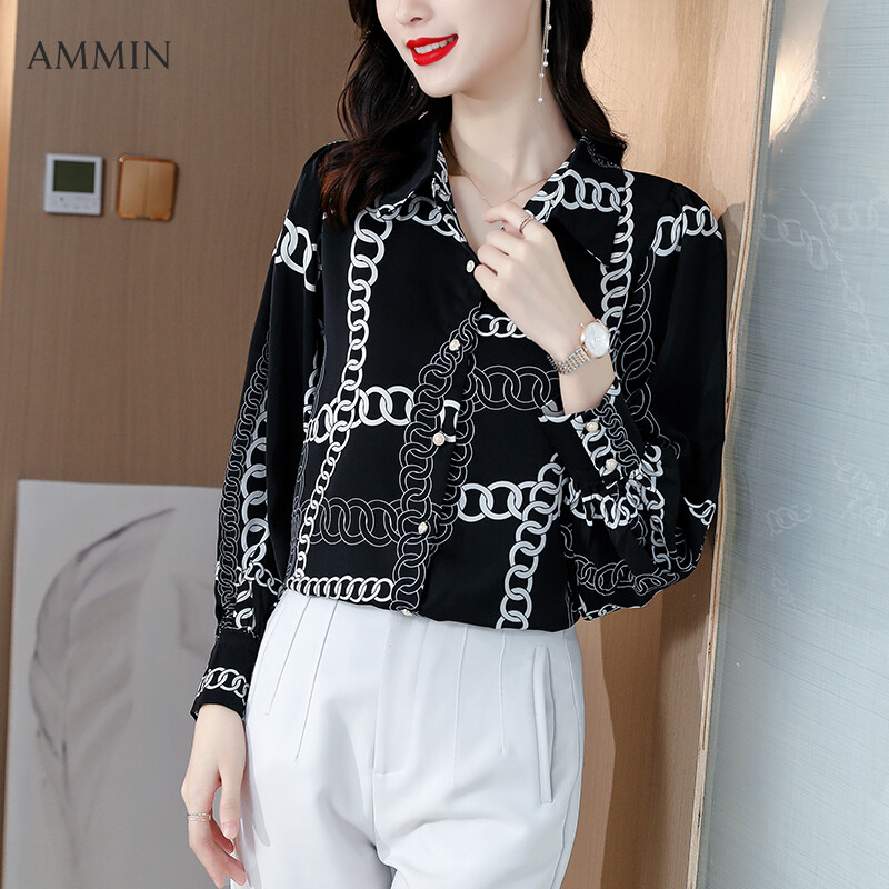 AMMIN Áo Cánh Thanh Lịch In Họa Tiết Dây Xích Thời Trang Đơn Giản Mùa Thu Mới 2021 Áo Voan Một Hàng Cúc Tay Bong Bóng Phong Cách Phương Tây Nhẹ Nhàng Phong Cách Hàn Quốc Cho Nữ Áo Sang Trọng