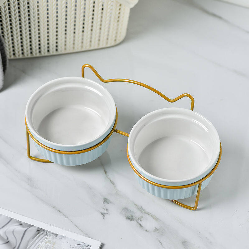 Ceramic Elevated Cat Bowl with Metal Stand Protect Spine Pet Feeder Cute Cartoon Food and Water Feeding Bowls for Cats and Puppy - 3