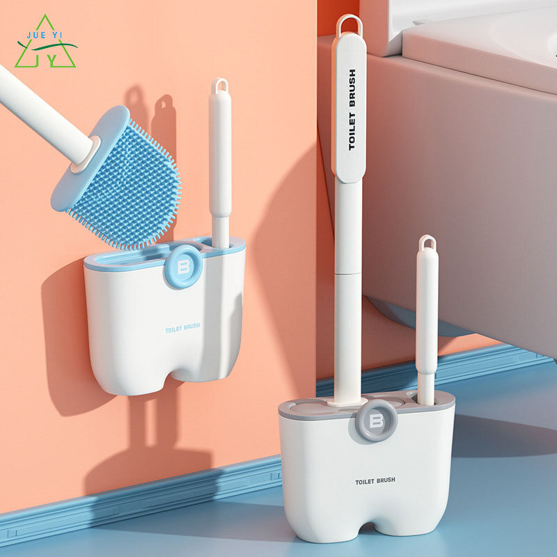 KS Silicone Toilet Brush TPR Brush Head With Base 360° No Dead Angles No Punching Wall Mounted Easy to Clean Bathroom Silicone Brush Toilet Brush Grey Blue