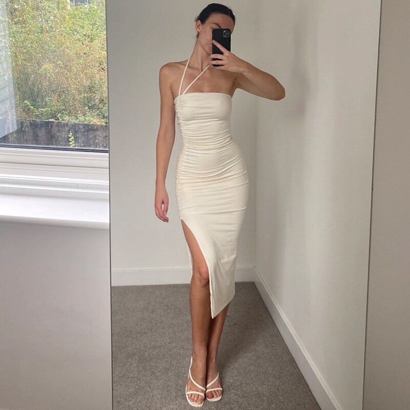 Beautifultime Đầm Ống Quấn Trễ Vai Sang Trọng Đầm Bodycon Xẻ Dây Xếp Nếp Xếp Nếp Cho Nữ Phong Cách Đơn Giản Đầm Xòe Hở Lưng