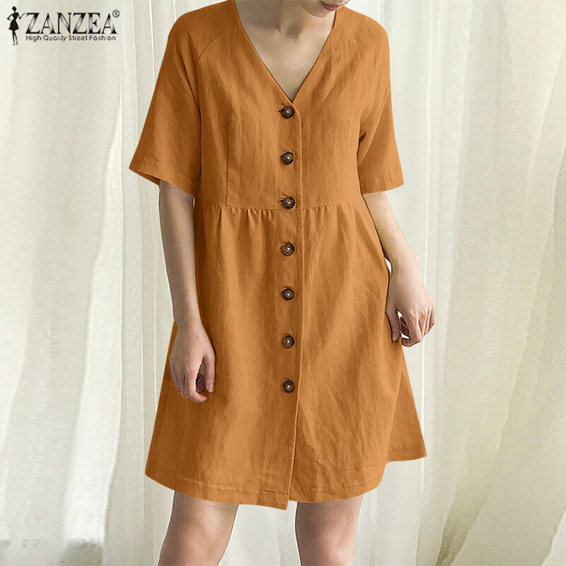 Momonaco zanzea muslimah đầm sơ mi màu trơn cổ điển bằng cotton hồi giáo cho nữ đầm chữ a cài nút cổ chữ v tay ngắn mco