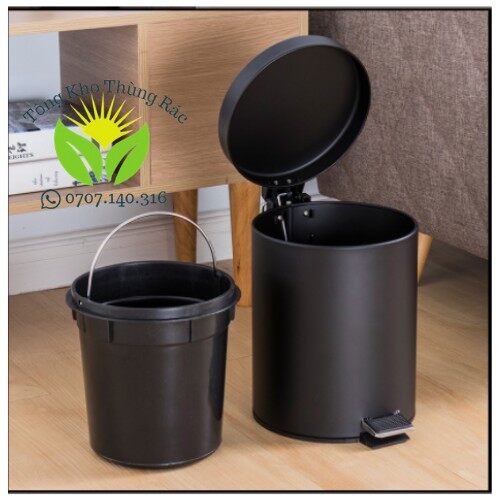Thùng rác inox đạp chân 5lit - màu đen, thùng rác inox tiện lợi