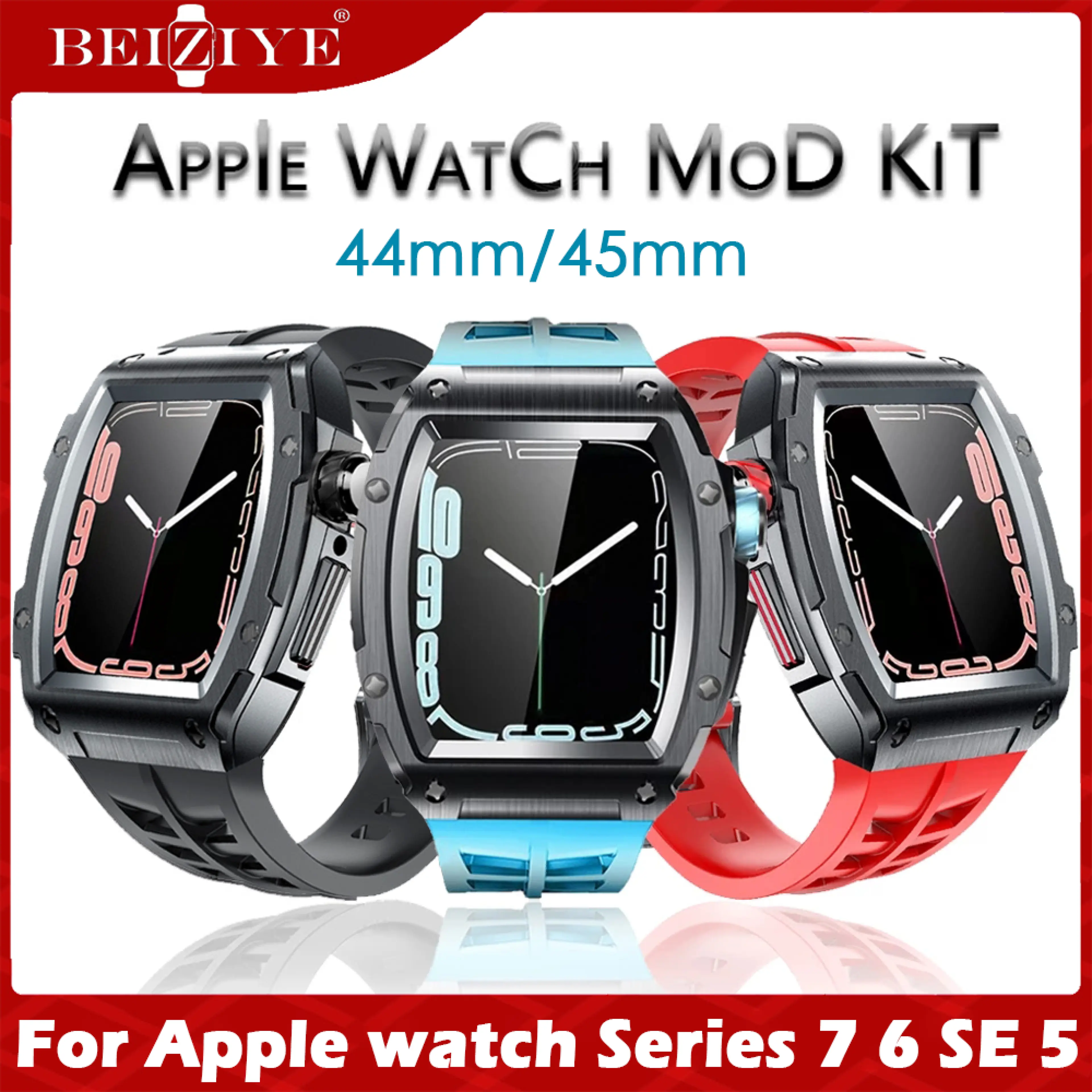 For apple watch สาย กล่องใส่สายรัดชุดดัดแปลง For เคส applewatch 44mm 45mm Metal Rubber Strap Accessories for Apple Watch Series7 6 SE 5 Aluminum Alloy Luxury