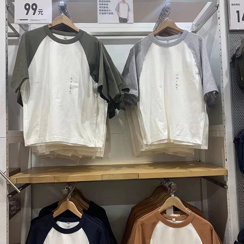 Uniqlo trang phục nam nữ mới mùa hè 2022 u mới 2022 áo thun cotton thường ngày phối màu tay áo raglan dáng rộng 449040