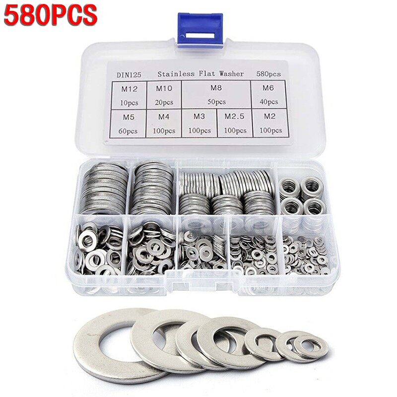 580 chiếc bộ gioăng vòng đệm kim loại dẹt bằng thép không gỉ m2-m12 chốt vít bu lông