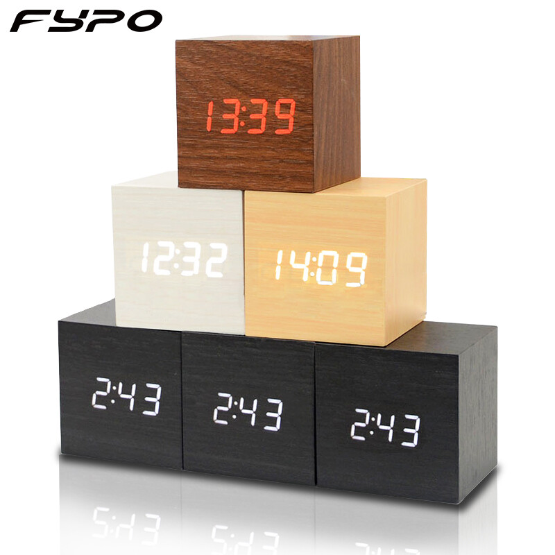 Fypo đồng hồ báo thức kỹ thuật số Đồng hồ Báo thức bằng gỗ USB/chạy bằng pin, khối lập phương nhỏ kỹ thuật số LED đồng hồ với thời gian/ngày/Hiển thị nhiệt độ