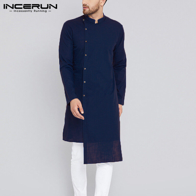 (Clearance Sale) Áo Sơ Mi Nam Mới Hiệu INCERUN Ấn Độ Trơn Đơn Giản Kurta Không Cổ Áo Dáng Dài