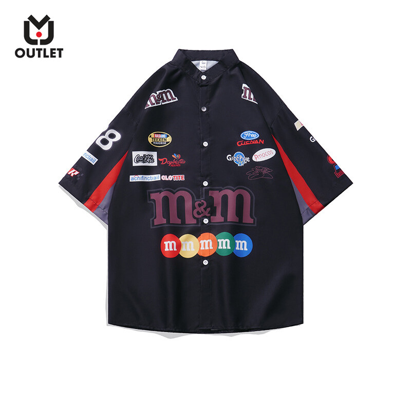Lansboter Men's Vintage Shirts Colorblock Style Racing Style Fashionable Cute Prints Loose Short Sleeve Tops ราคา 174 บาท*ส่งฟรี