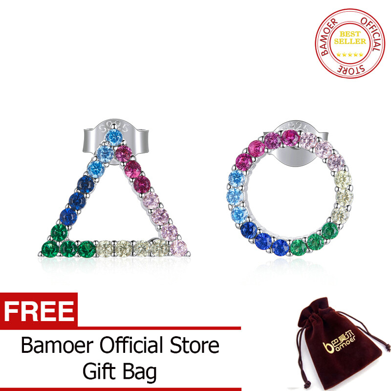 BAMOER Bông Tai Bạc Hình Học Bông Tai Hạt CZ Cầu Vồng Bất Đối Xứng Bằng Bạc Sterling 925 Thật Cho Nữ Trang Sức Tinh Xảo BSE482