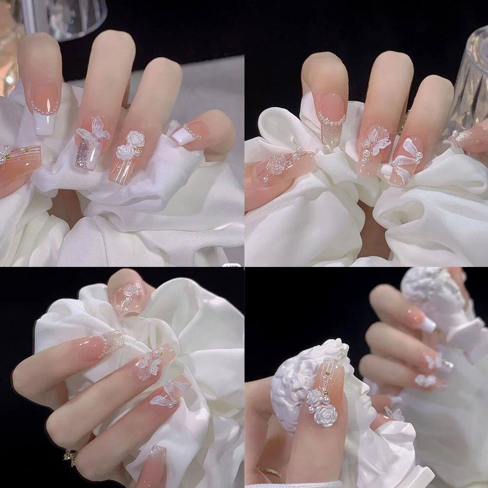 RIBHVU 24pcs Detachable Fake Nials DIY Manicure Press on Nails White Flowers False Nails French LongBallerina