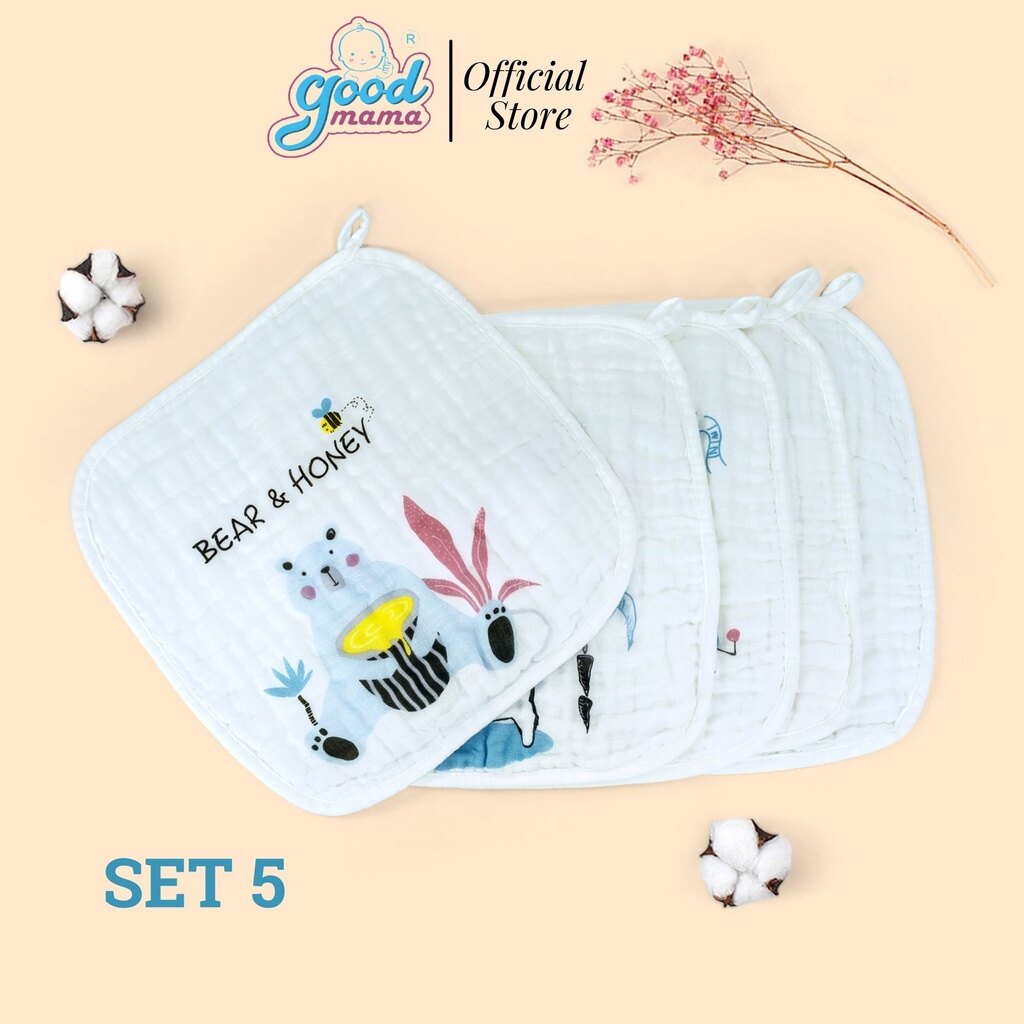 Khăn xô sữa goodmama 6 lớp muslin set 5 khăn 30x30 cm 3 màu