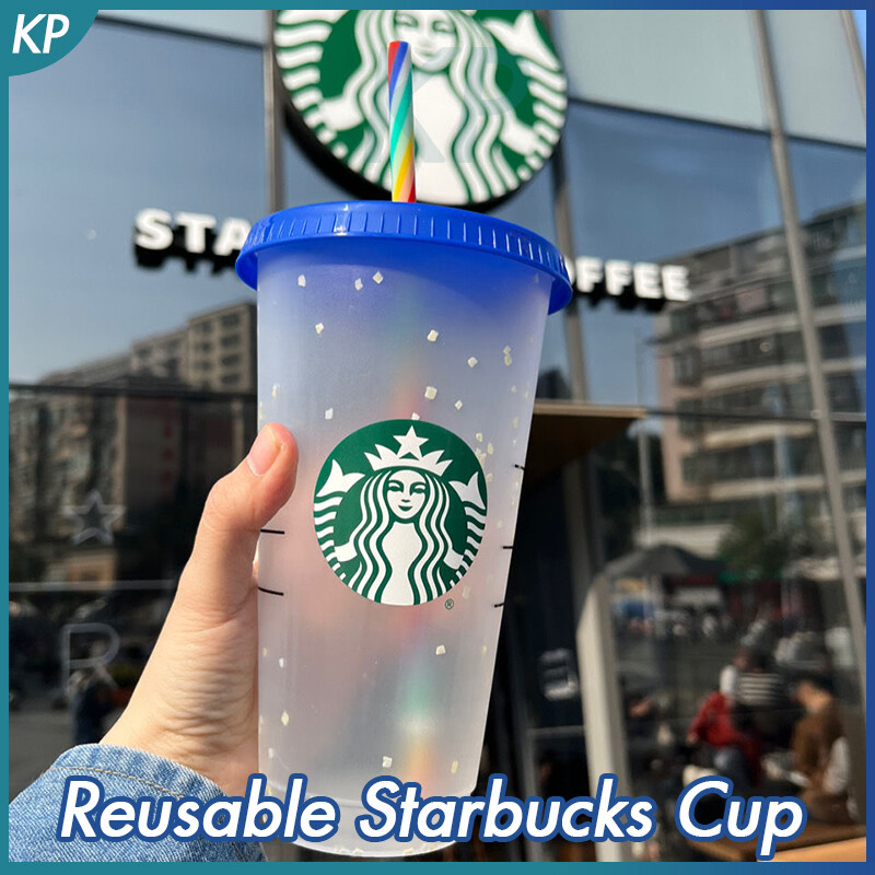 Cốc lật starbuck tái sử dụng cốc hoa giấy đổi màu ống hút cầu vồng có nắp cốc nhựa
