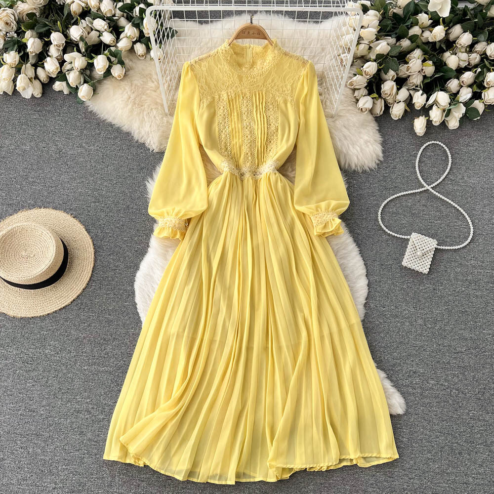 Đầm dài dự tiệc thanh lịch đầm voan cổ điển kiểu pháp xếp ly thời trang cho nữ đầm cổ điển tay dài cổ tròn cho nữ