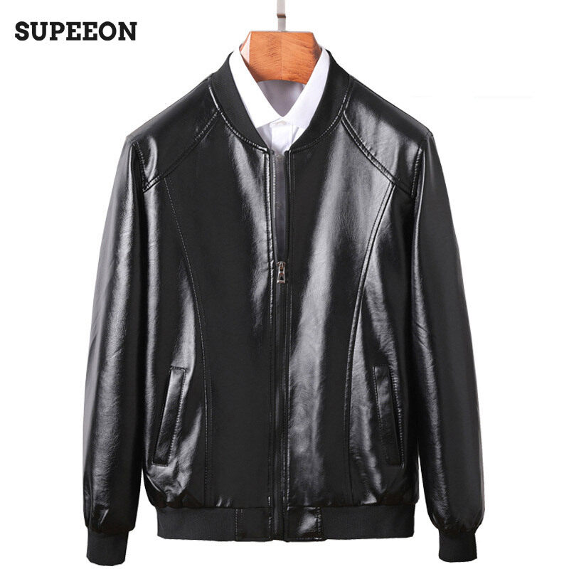 SUPEEON Men s leather jacket Round neck slim fit baseball jacket Korean