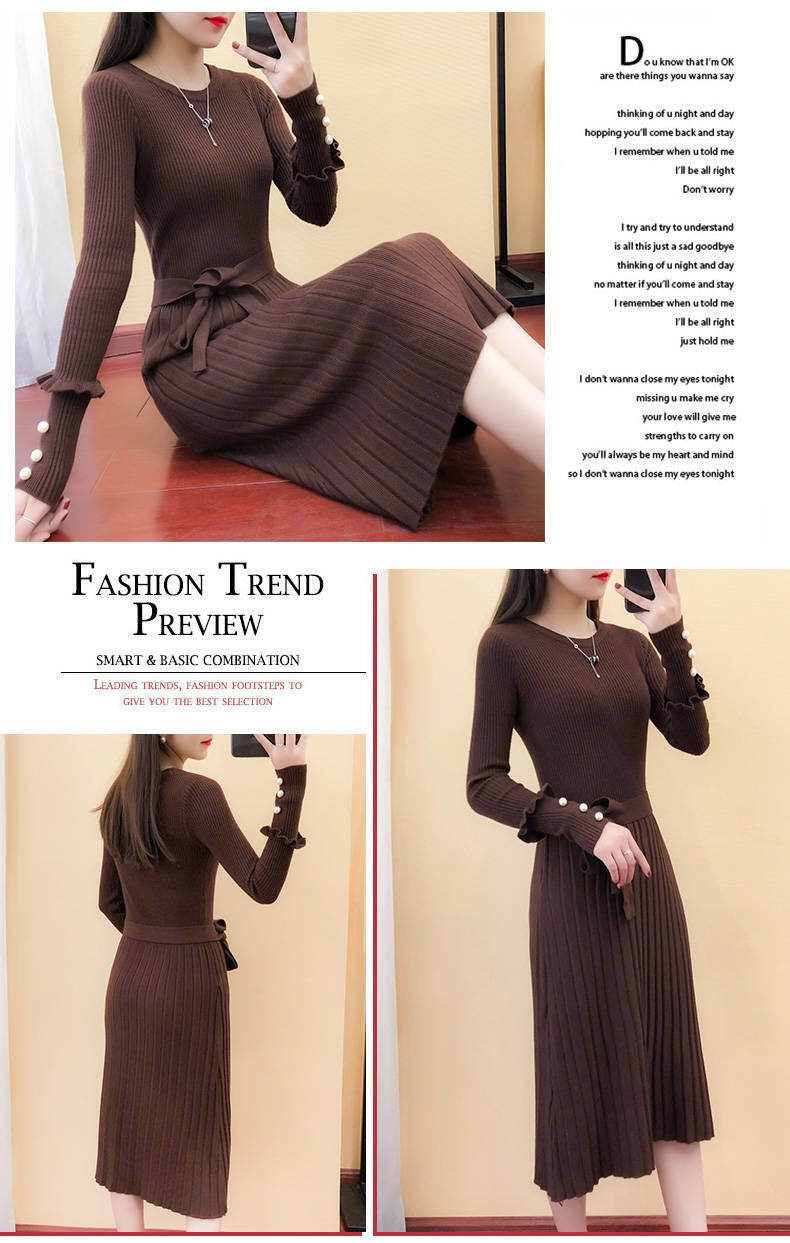 2020 spring new women's long knitted dress long sleeve sweater dress autumn and winter base wool skirt