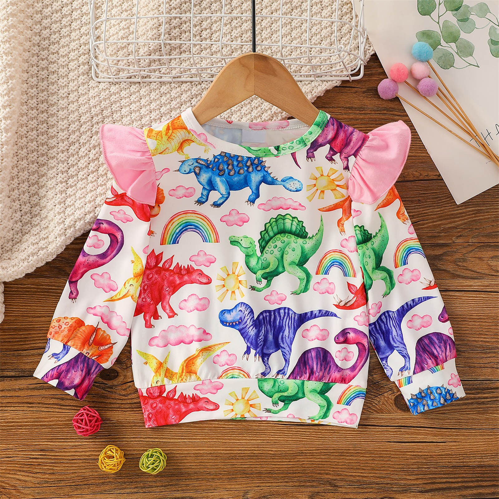 Ulyssesal trẻ mới biết đi trẻ em em bé cô gái chàng trai áo tay áo dài crewneck áo trẻ em hoa văn khủng long Áo thun chui đầu