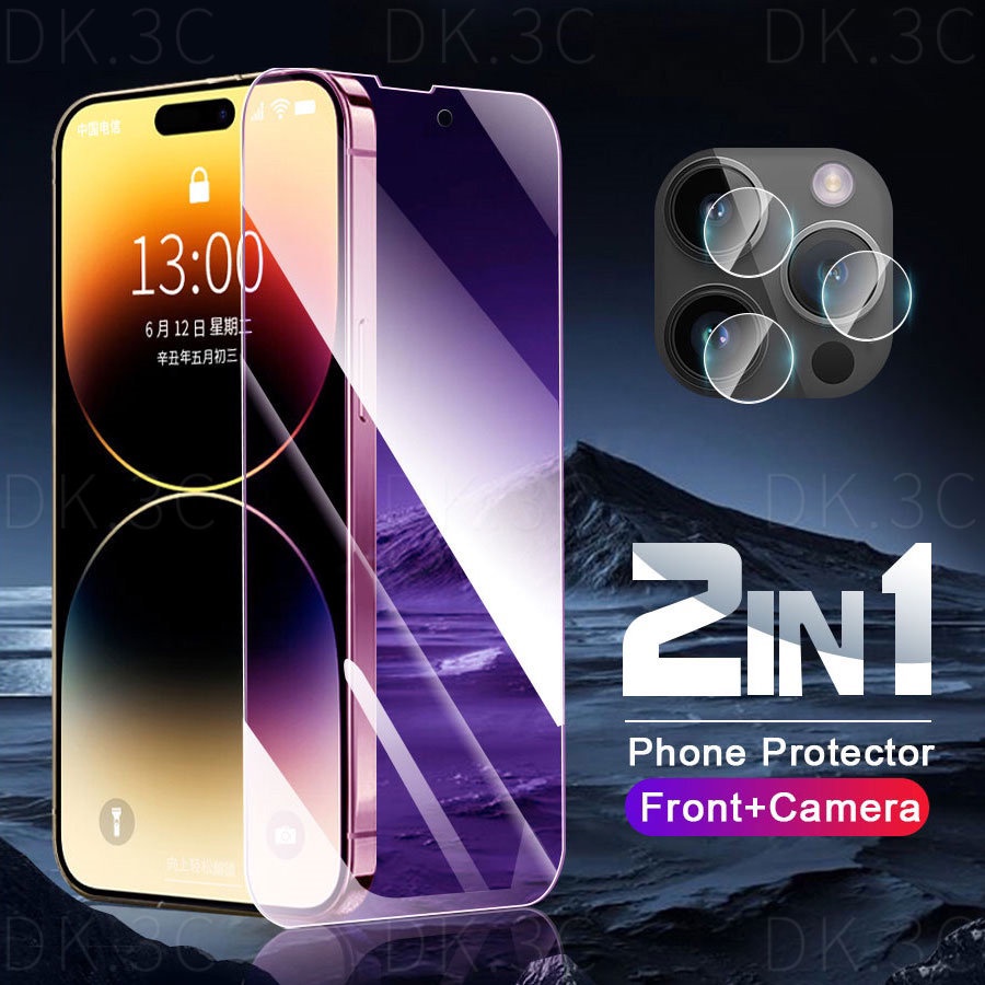 2 Trong 1 chống ánh sáng xanh kính cường lực + Camera phía sau phim bảo vệ ống kính Cho iPhone 14 13 12 11 Pro Max Mini/14 cộng với miếng bảo vệ màn hình
