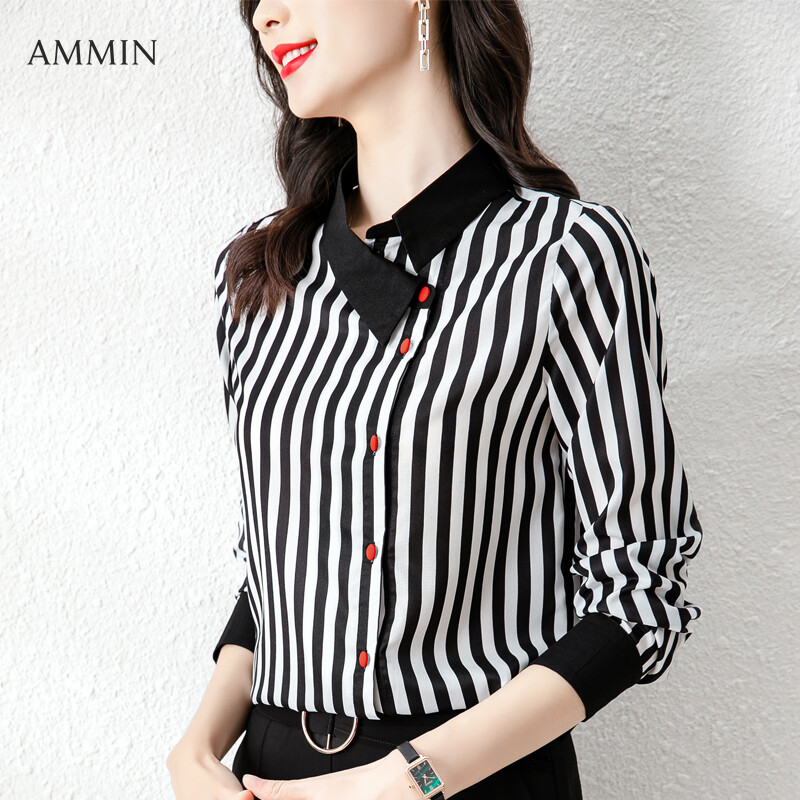 AMMIN Áo Kiểu Thanh Lịch Kẻ Sọc Cổ Chữ V Xiên Phong Cách Hàn Quốc Áo Cardigan Nữ Có Cúc Dài Tay Mùa Thu Mới 2021 Áo Voan Áo Nữ