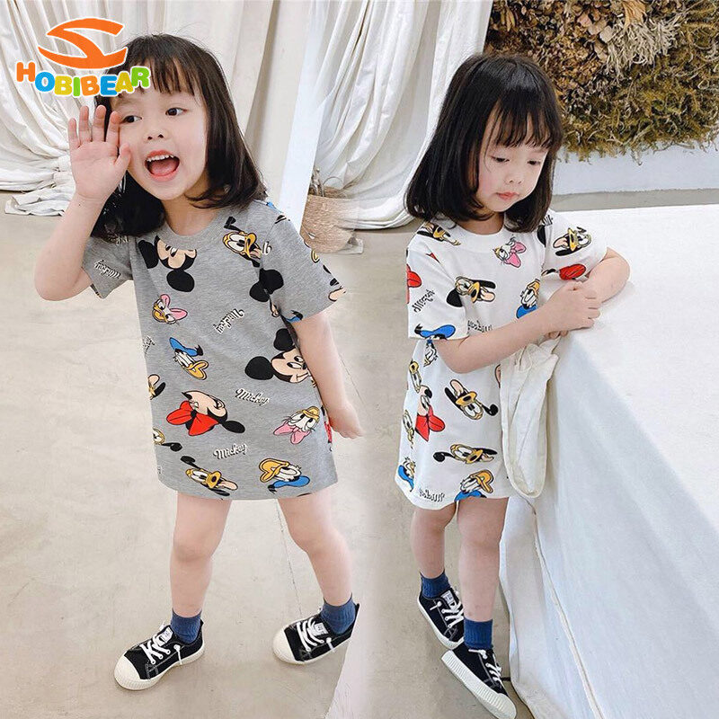 HOBIBEAR Children's Cartoon Cute Dress Girls Mickey Print Medium Length Loose Casual T-shirt Dress ราคา 150 บาท*ส่งฟรี