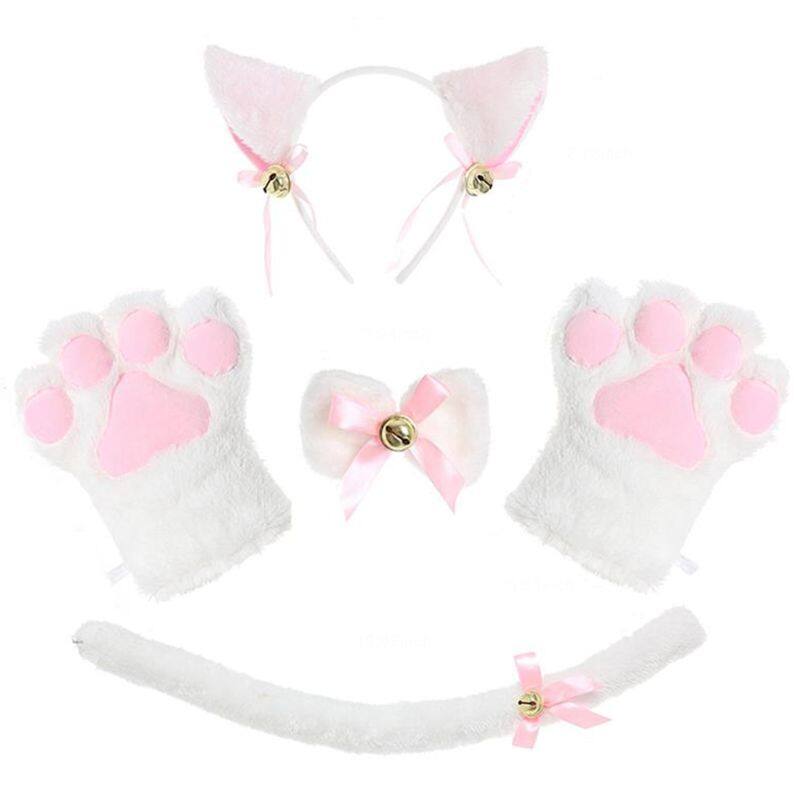 ผู้หญิง Lady Cat Kitty แม่บ้านคอสเพลย์เครื่องแต่งกายชุดตุ๊กตาหูที่คาดศีรษะมีกระดิ่งสายรัดคอรูปหูกระต่าย Choker หาง Paws ถุงมือ Anime Props